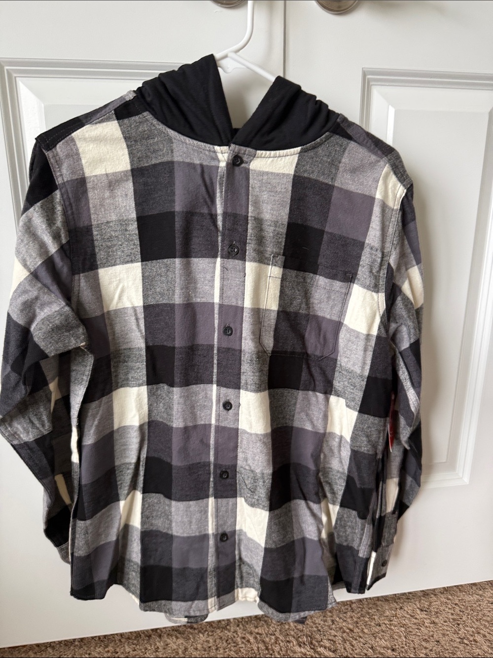 Wonder Nation Black & Gray Plaid Hooded Button-Down Shirt
